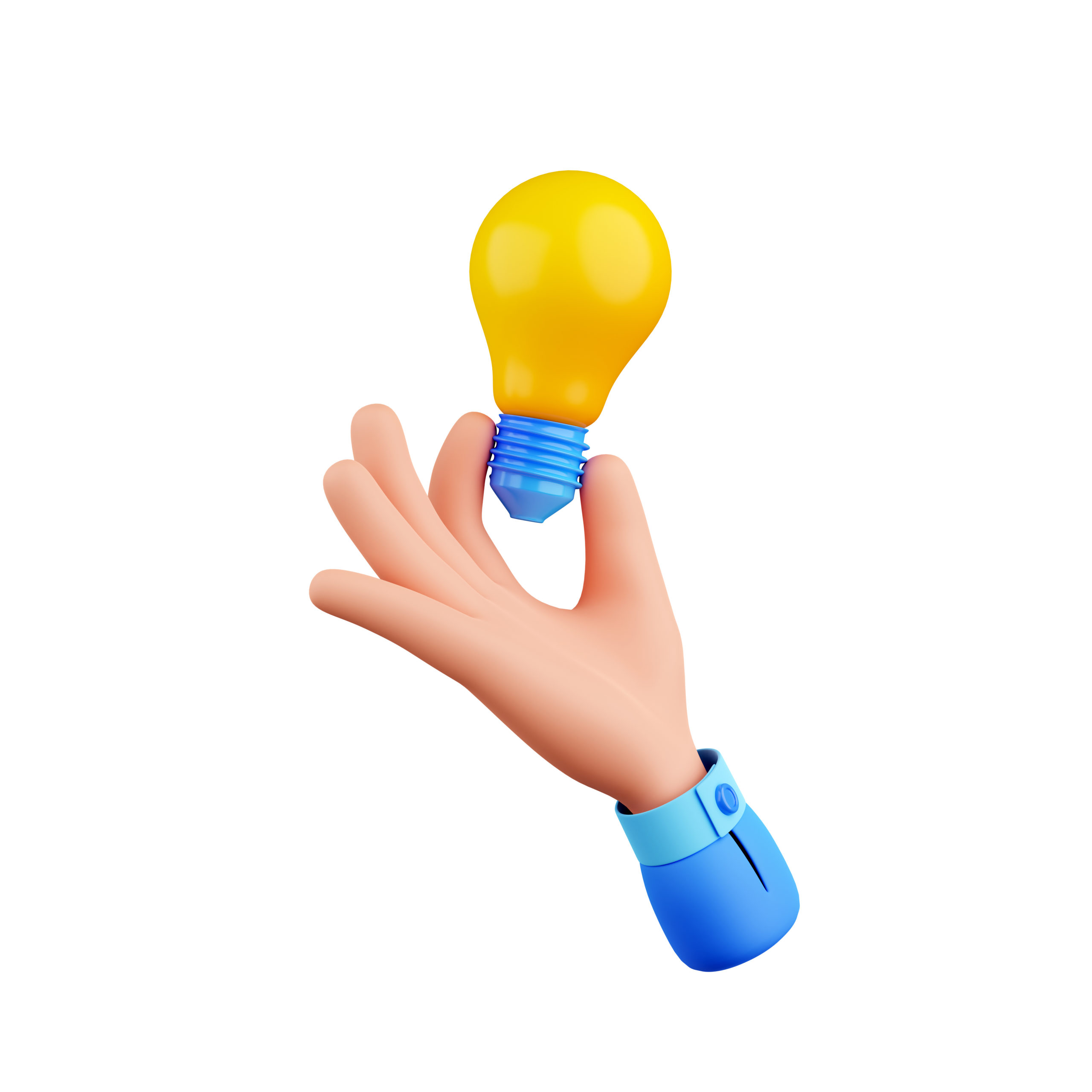 3d render hand with light bulb, creative idea, inspiration, brainstorm, development, business solution, innovation and thinking icon on white background, isolated illustration in cartoon plastic style